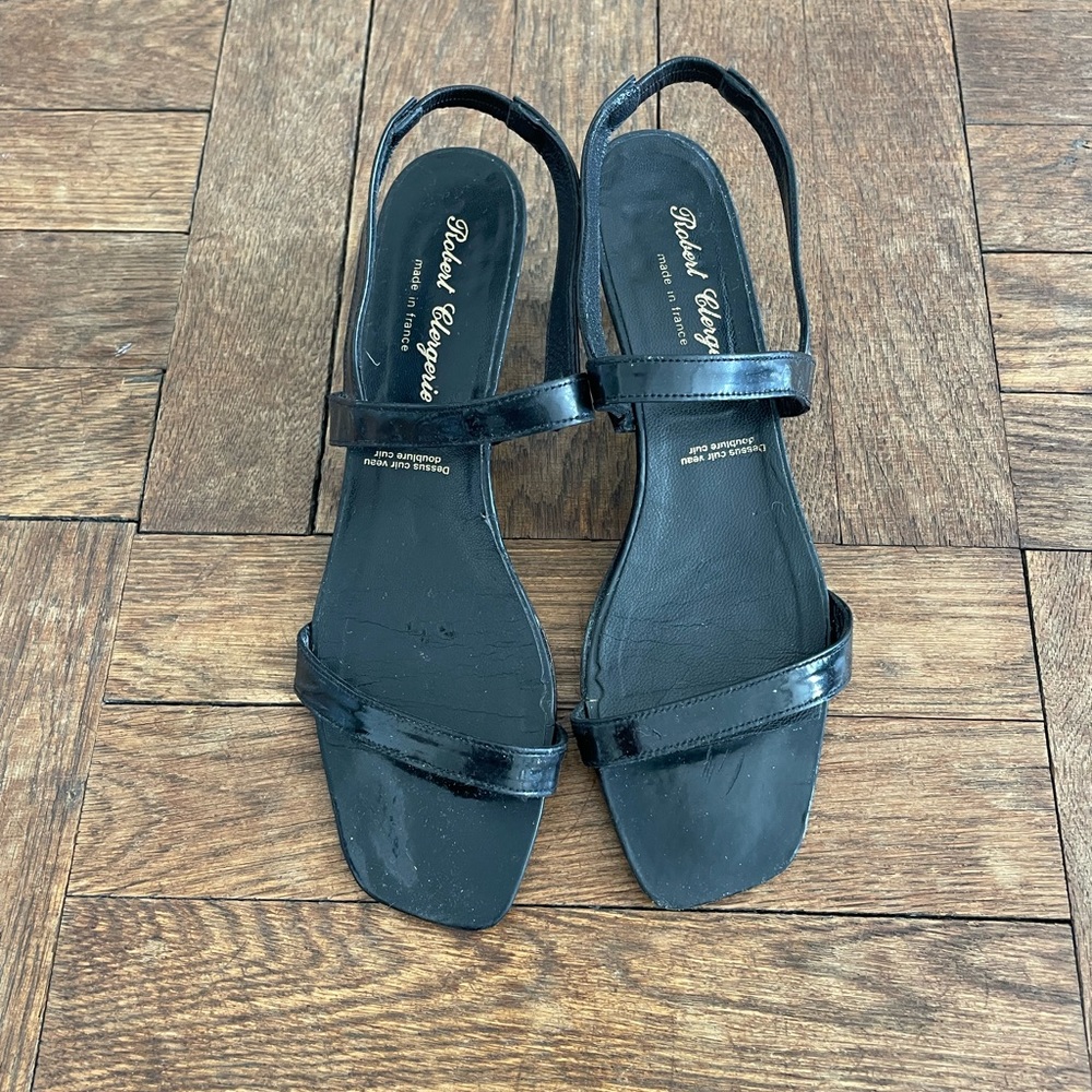 Robert Clergerie kitten heel black patent leather sandals